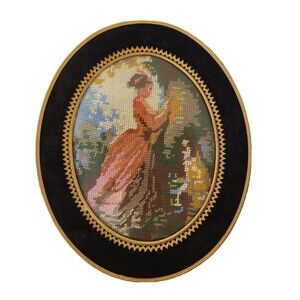 Vintage Needlepoint  Handmade Women With Dog Velvet And Brass Ormolu Wood Frame